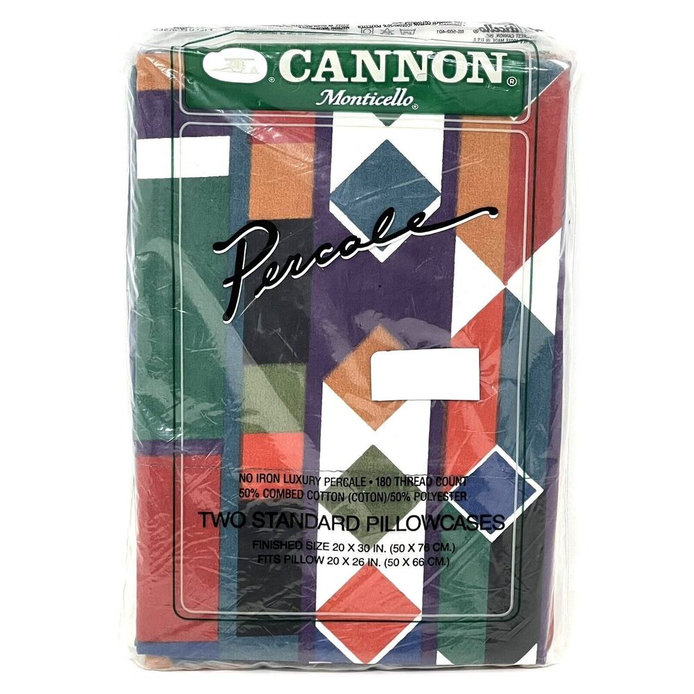 Vtg Cannon Monticello Percale Pair of 2 Standard Pillowcases Geometric Shapes
